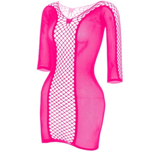 HOT Pink ** Long sleeve tube dress one size fits all Fishnet Dress. Hole Dress. - Picture 3 of 4